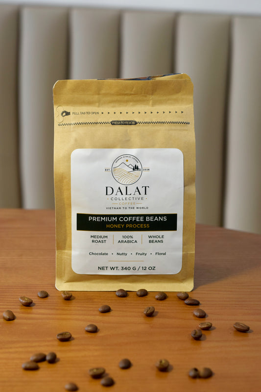 A stand-up pouch of Dalat Collective Premium Coffee Beans, Honey Process, Medium Roast, Whole Beans, 12 oz, 
